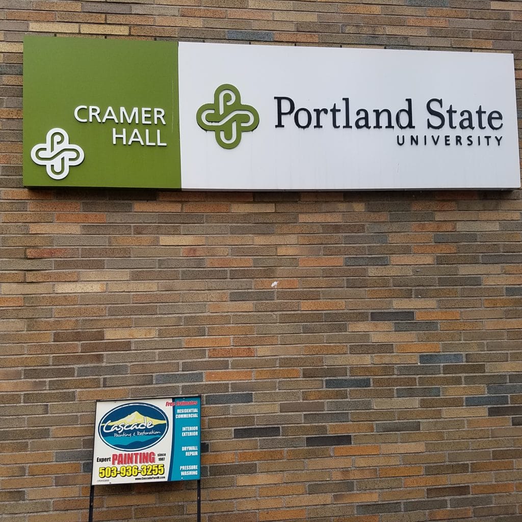 Exterior commercial painting in portland Oregon. Cascade painting and restoration Portland state. brand